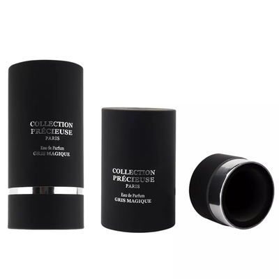 Imballaggio per tubo di profumo rotondo nero con parte superiore piatta con inserto in EVA Imballaggio per tubo cosmetico con stampaggio d'argento