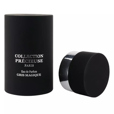 Imballaggio per tubo di profumo rotondo nero con parte superiore piatta con inserto in EVA Imballaggio per tubo cosmetico con stampaggio d'argento